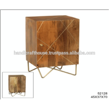 Industrial Mango Wood with Brass Inlay and Metal Legs 1 Door Nightstand